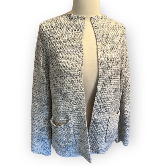 Orvis Sweaters - Orvis Loose Knit Cotton Shacket Open Front Blue White Two Pockets Size Large
